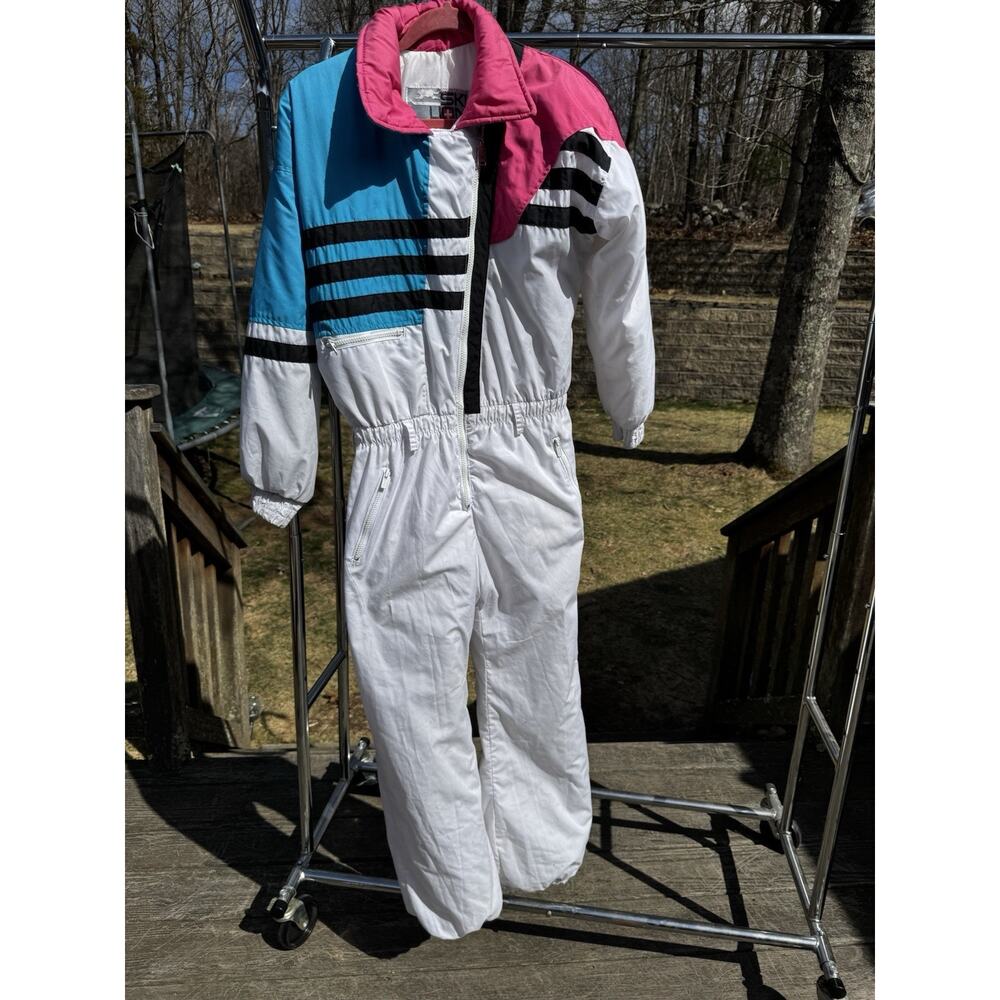 Vtg 80s Ski Suit One Piece Snowsuit Ski Lion Size M White Pink Blue